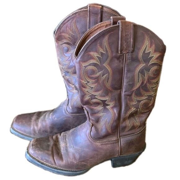 JUSTIN Stampede Rush Boots Mens Size 9.5 EE Rustic Tan Work Boot Square Toe - Picture 1 of 5